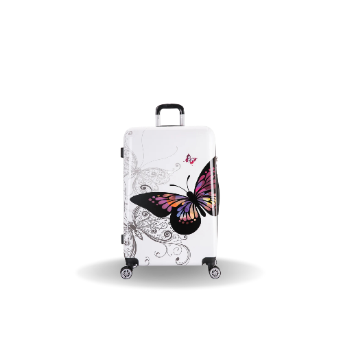 White suitcase with a colorful butterfly design on a white background