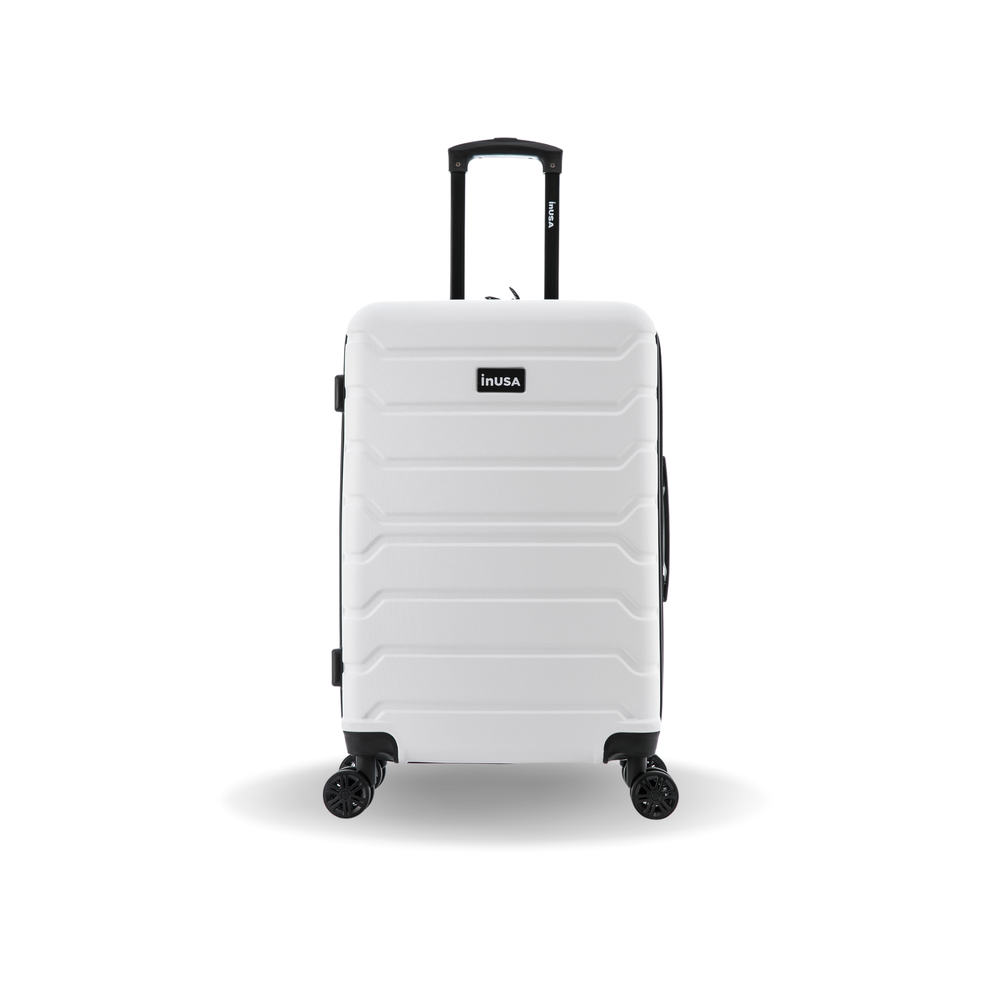 White suitcase with black wheels on a white background
