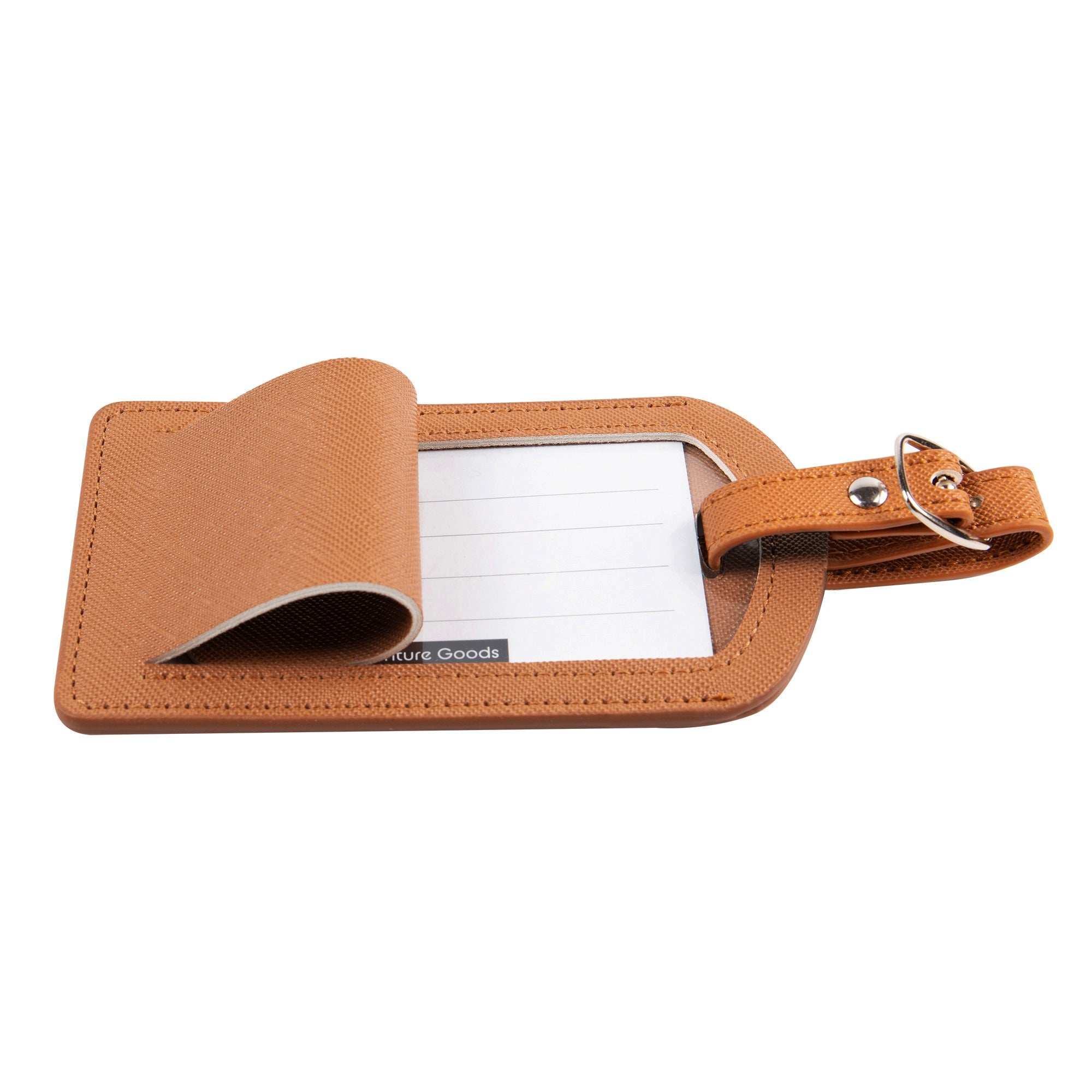 Brown leather luggage tag with a white label on a white background