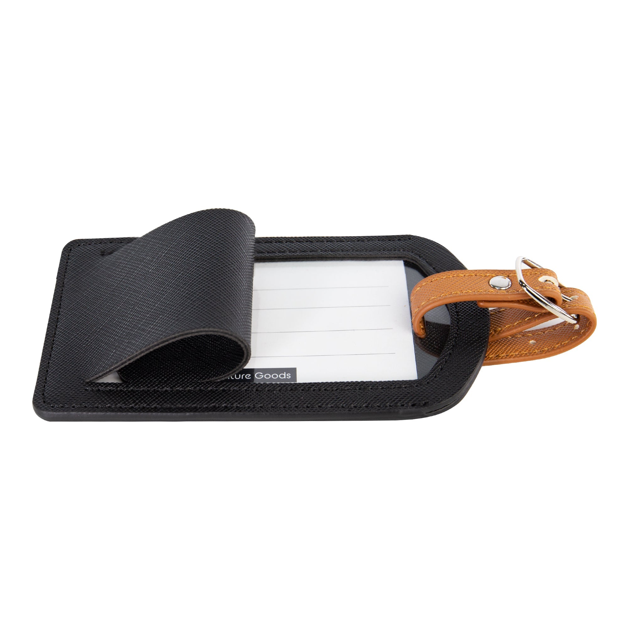Black luggage tag with a brown strap on a white background
