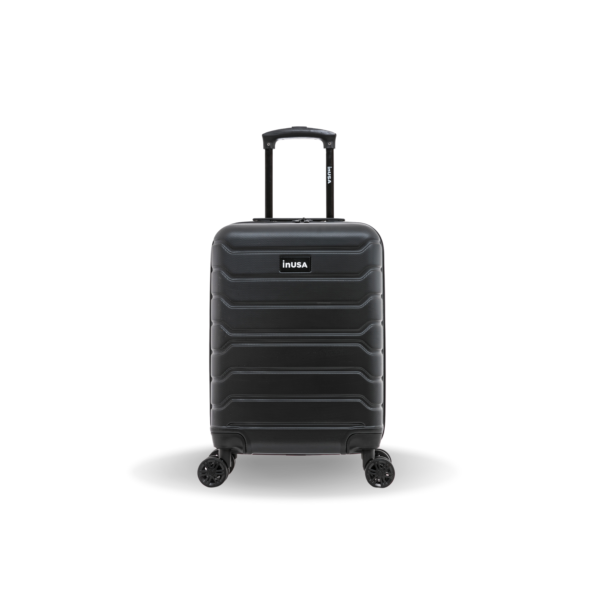 Black suitcase with 'InUSA' branding on a white background