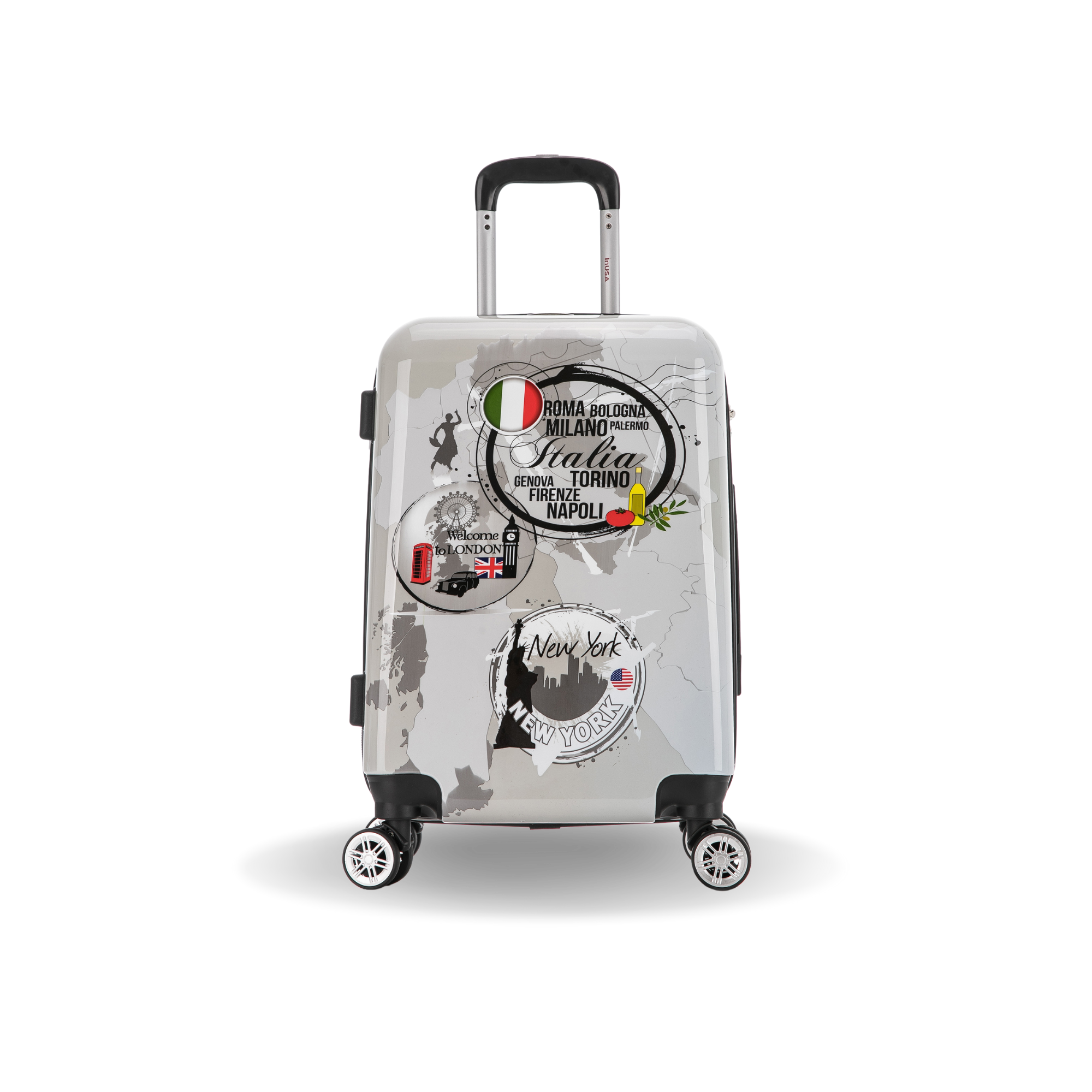 Transparent suitcase with city stickers on a white background