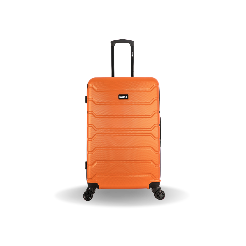 Orange suitcase with a visible brand logo on a white background