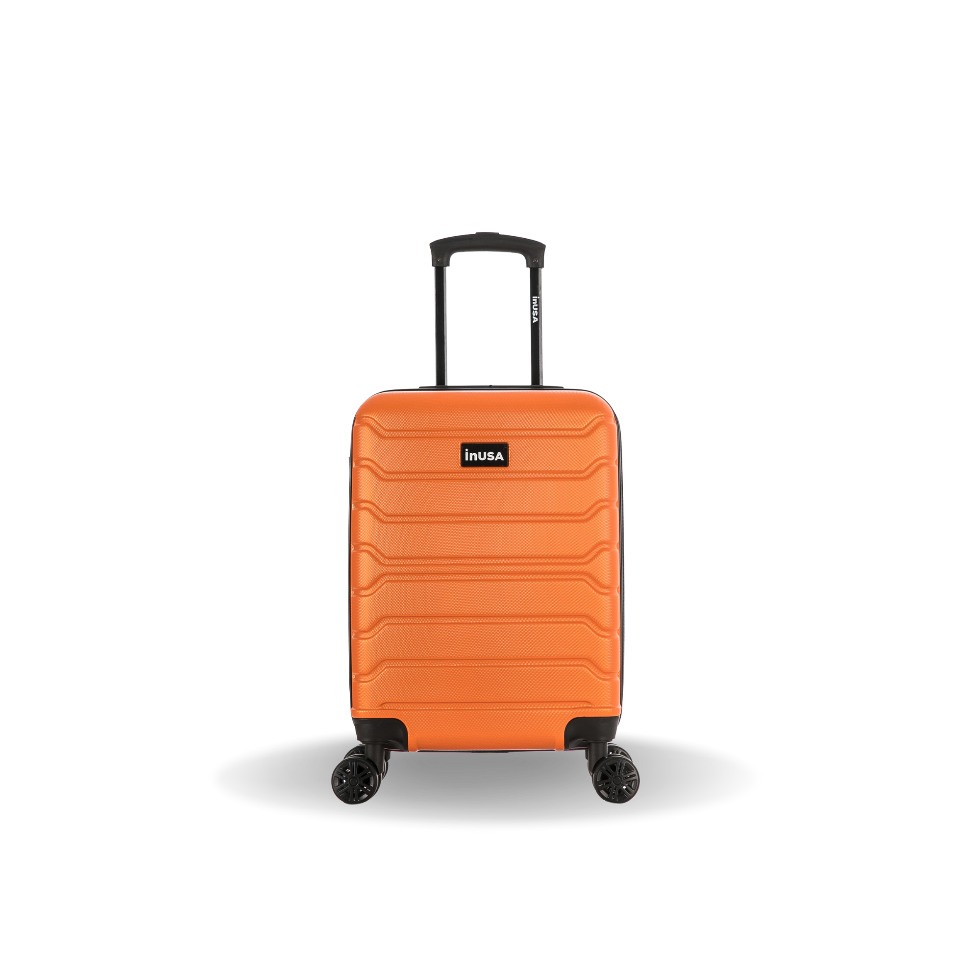 Orange suitcase with black wheels and handle on a white background