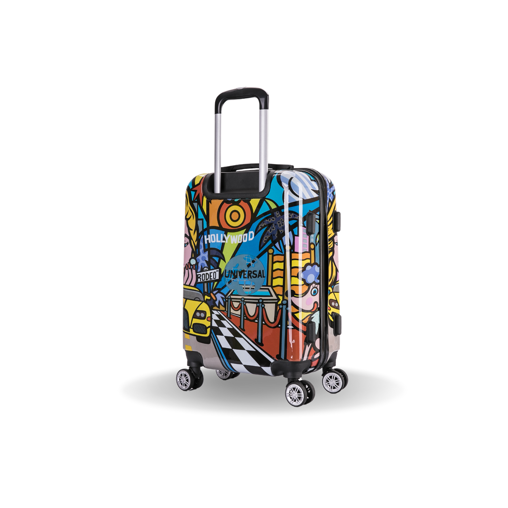Colorful suitcase with a design on a white background