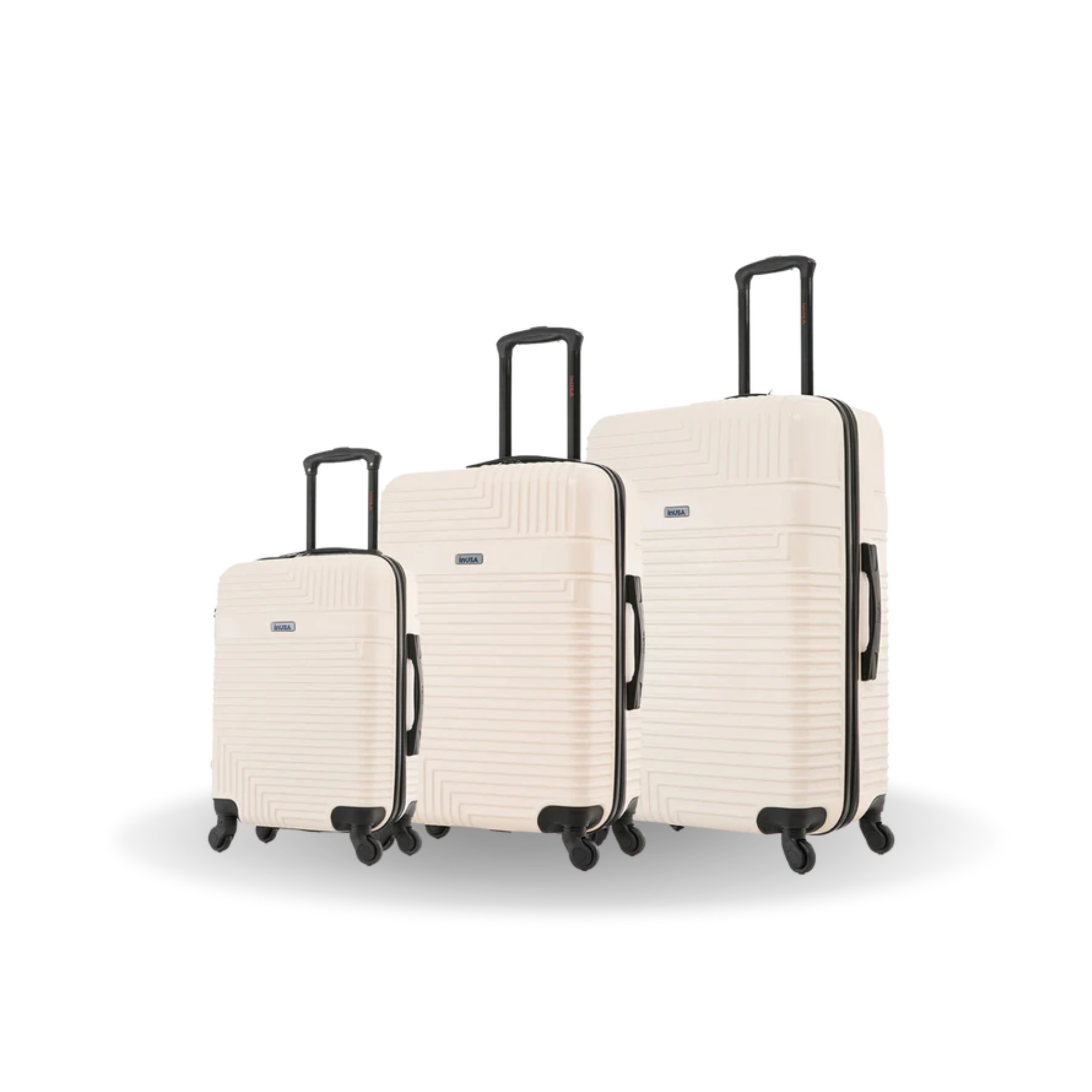 Set of three beige suitcases with black handles and wheels on a white background