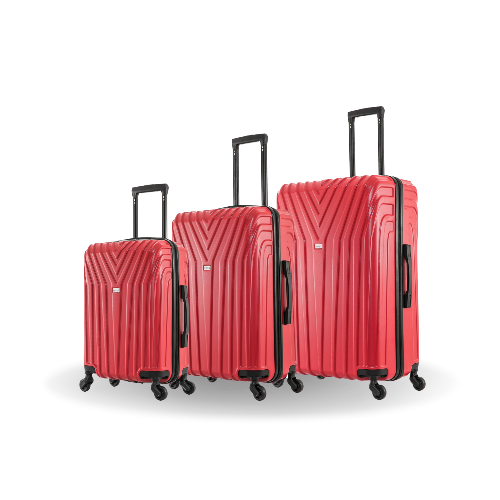 Set of three red suitcases of different sizes on a white background