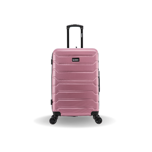 Pink suitcase with 'InUSA' branding on a white background