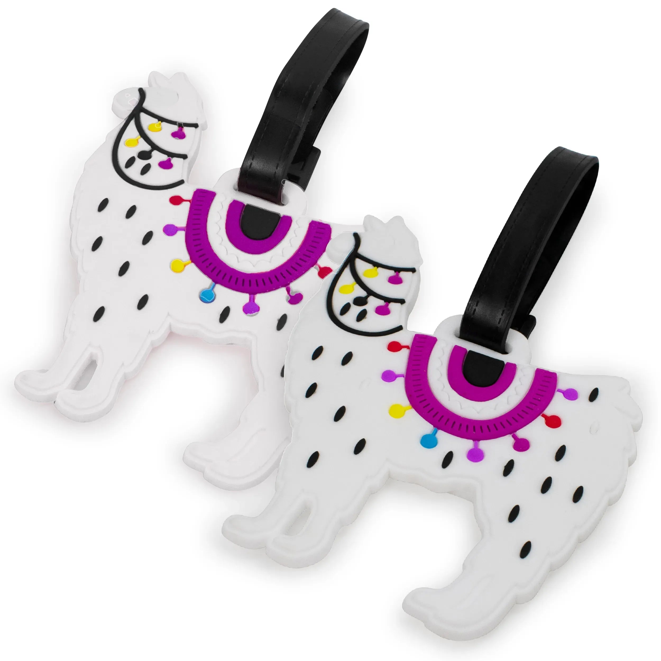 Two white dog-shaped luggage tags with colorful accents on a white background