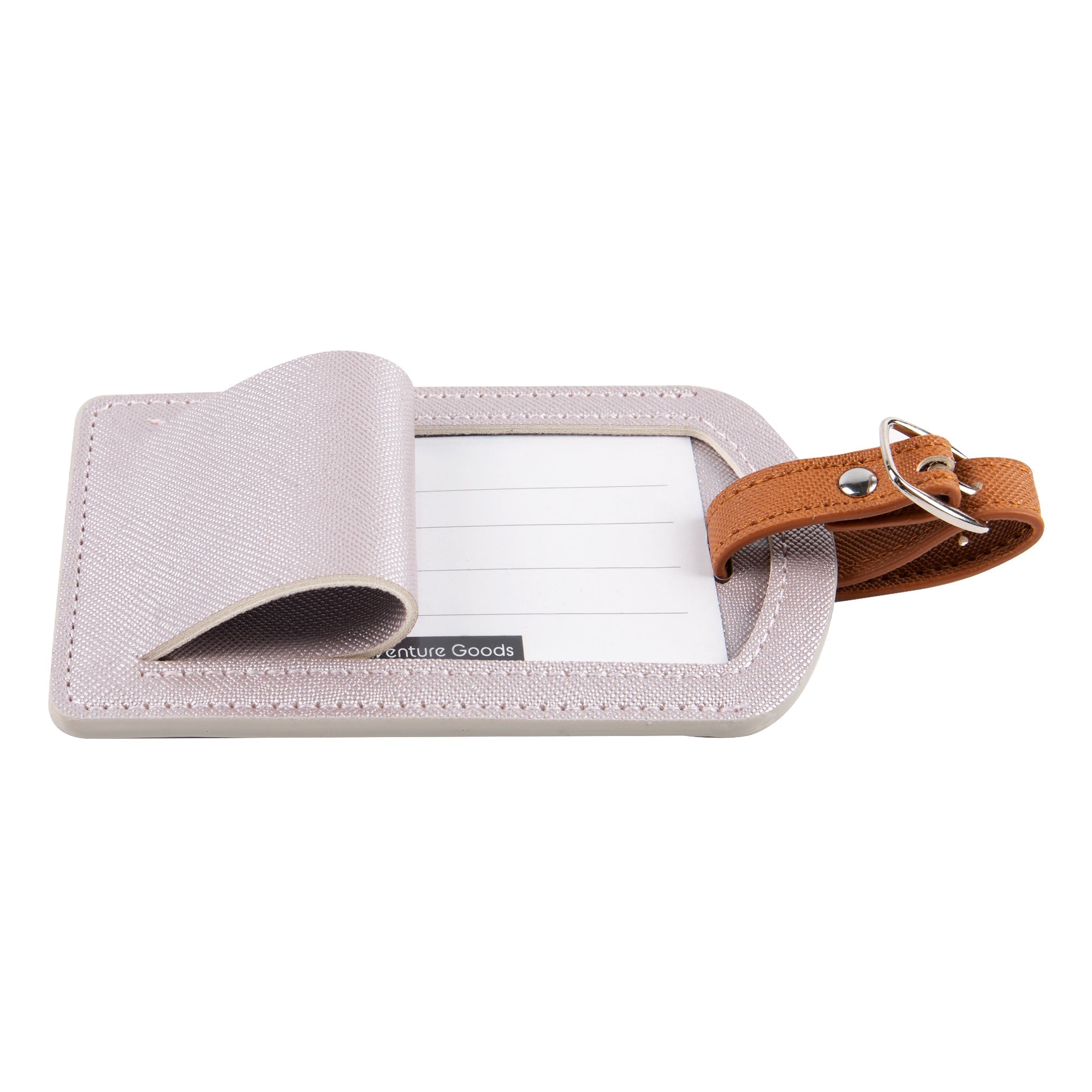 Luggage tag with brown strap and visible brand name on a white background