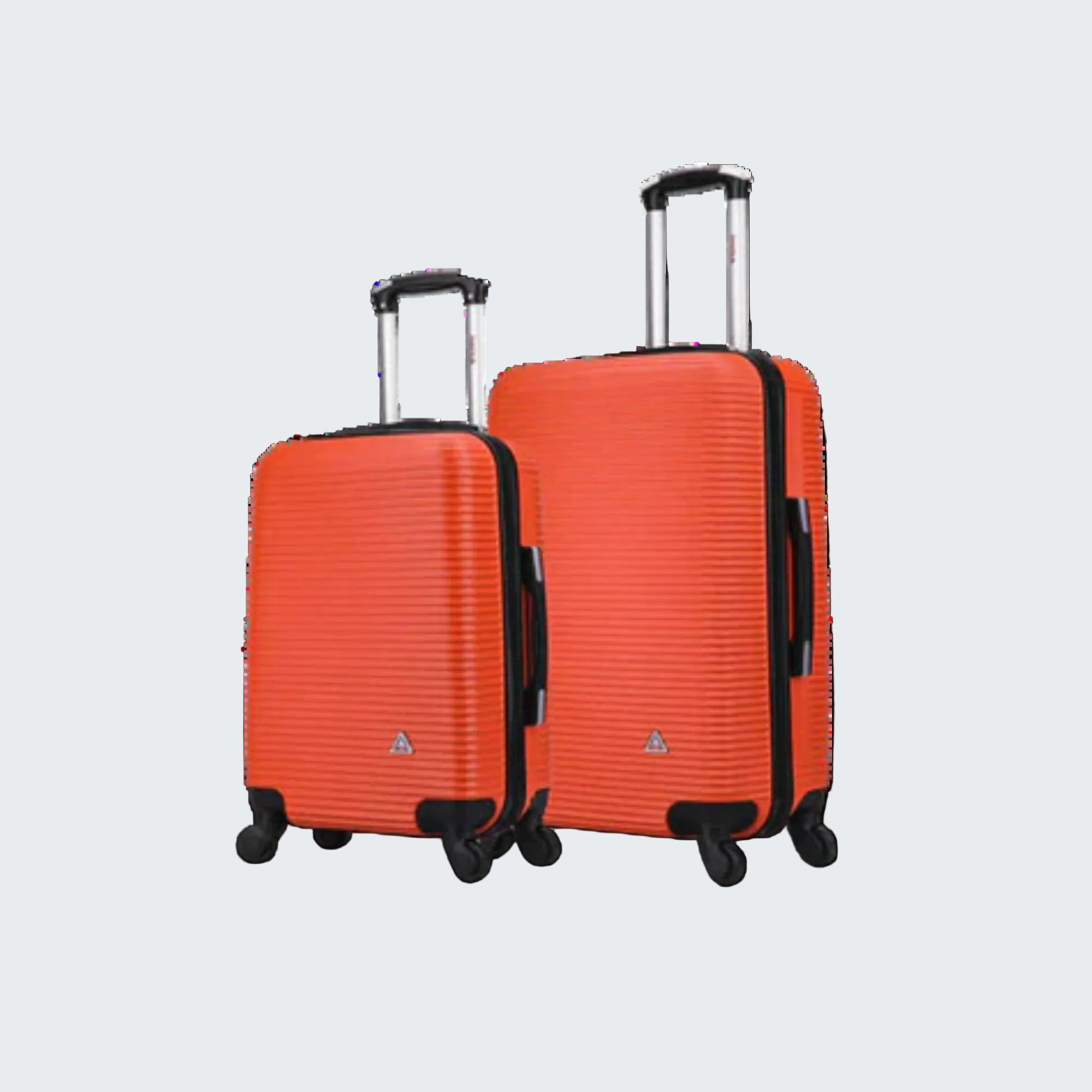 Two orange suitcases with black handles and wheels on a white background