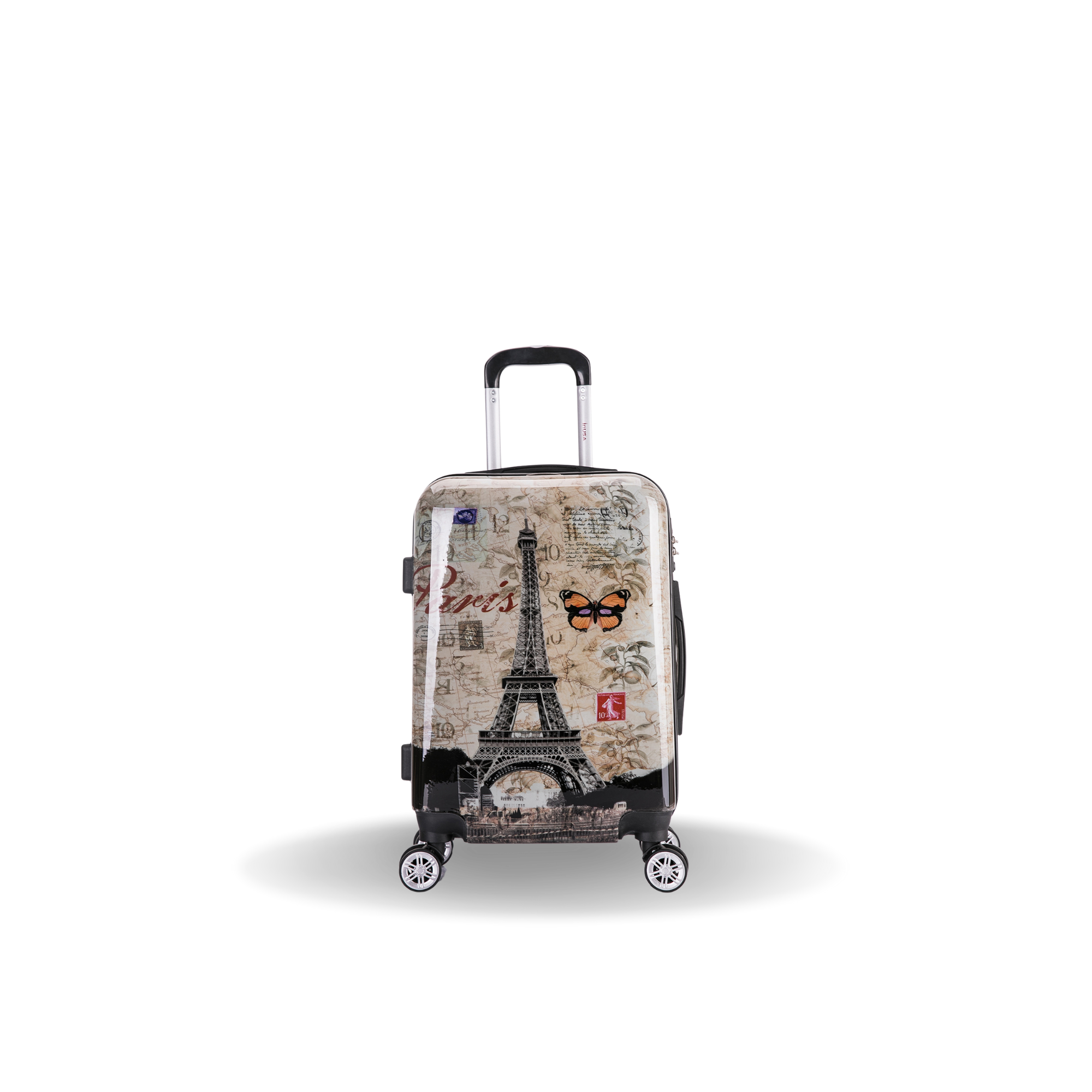 Travel suitcase with Eiffel Tower design on a white background