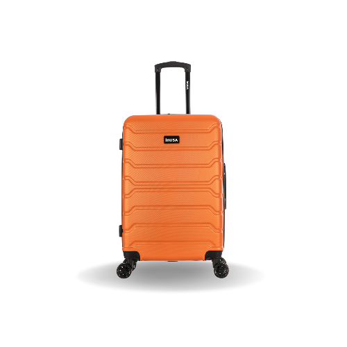 Orange suitcase with a visible brand logo on a white background