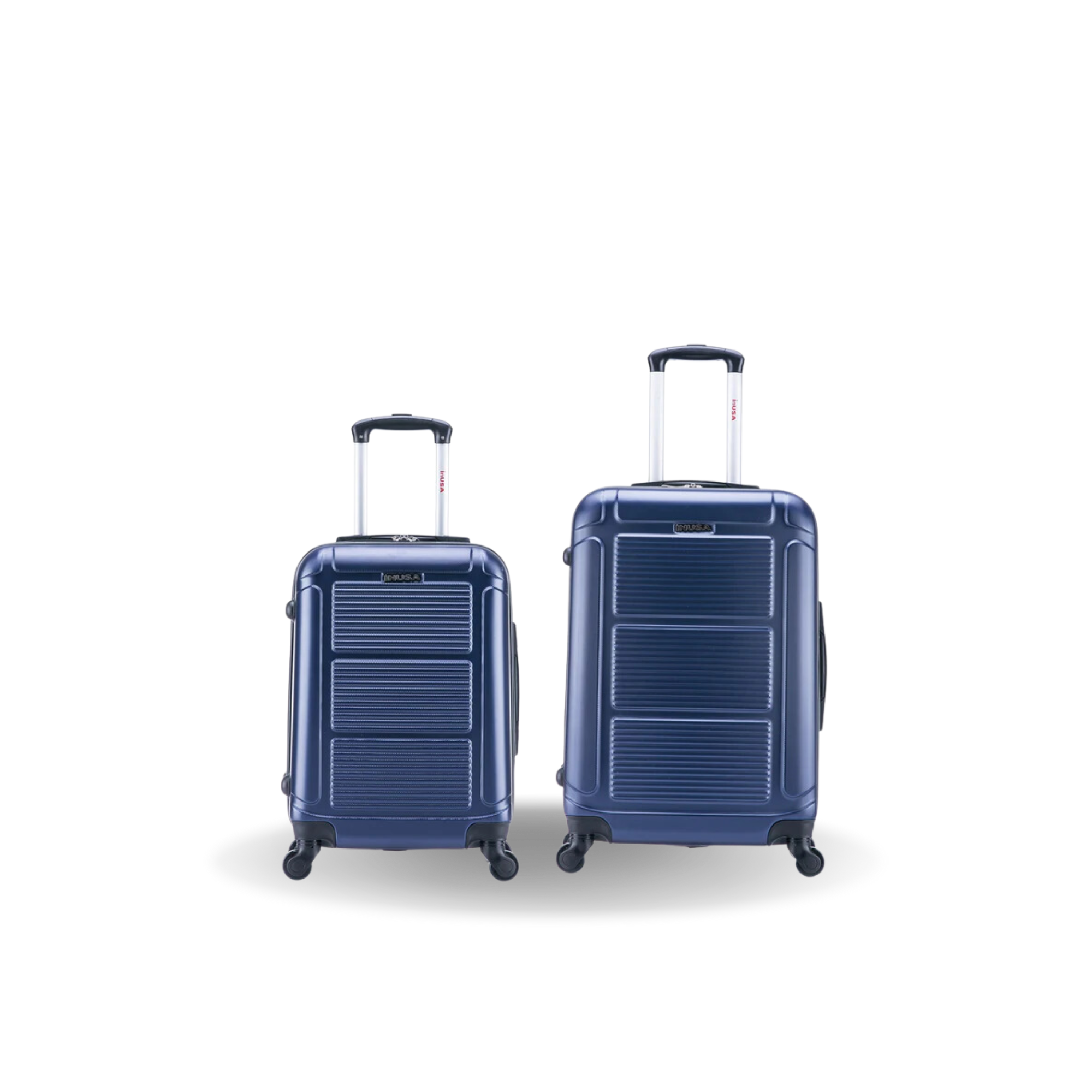 Two navy blue suitcases of different sizes on a white background