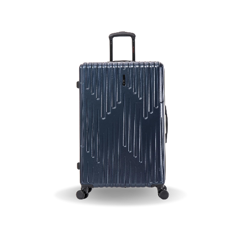 Blue suitcase with a textured surface on a white background