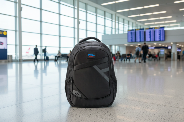 Black backpack with 'inUSA' logo on a white background