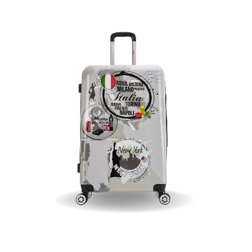 Transparent suitcase with city stickers on a white background