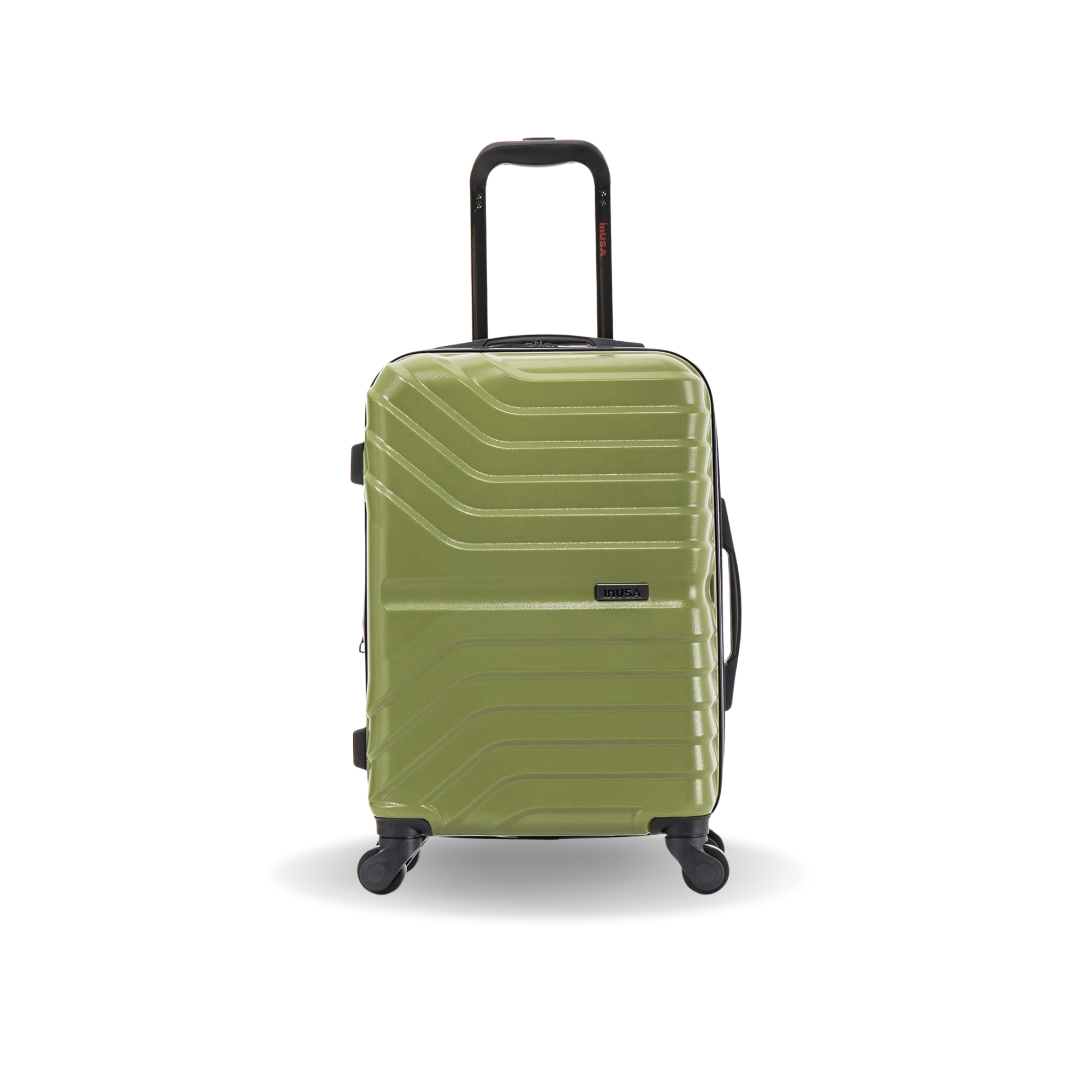 Green suitcase with a black handle on a white background