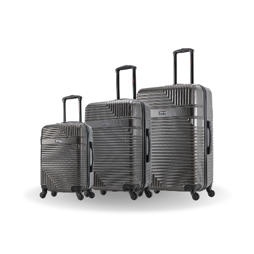 Set of three gray suitcases of different sizes on a white background