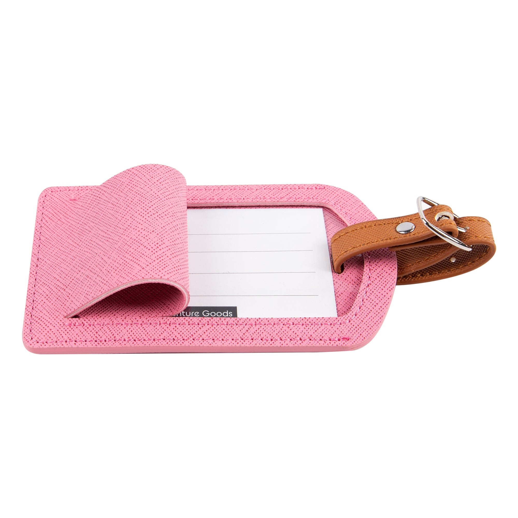 Pink luggage tag with a brown strap on a white background