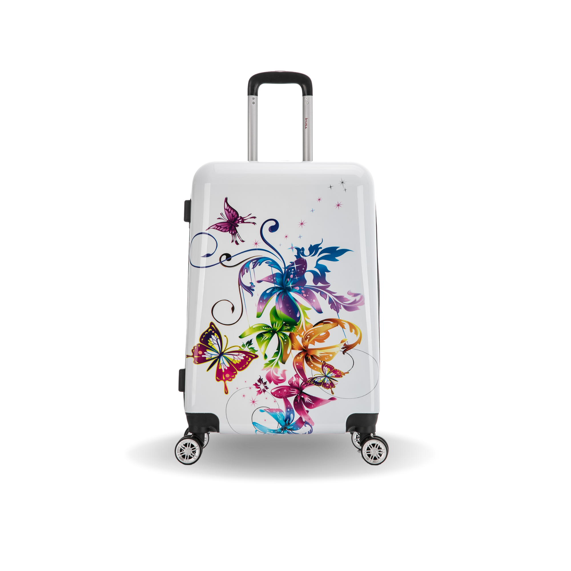 White suitcase with colorful butterfly design on a white background