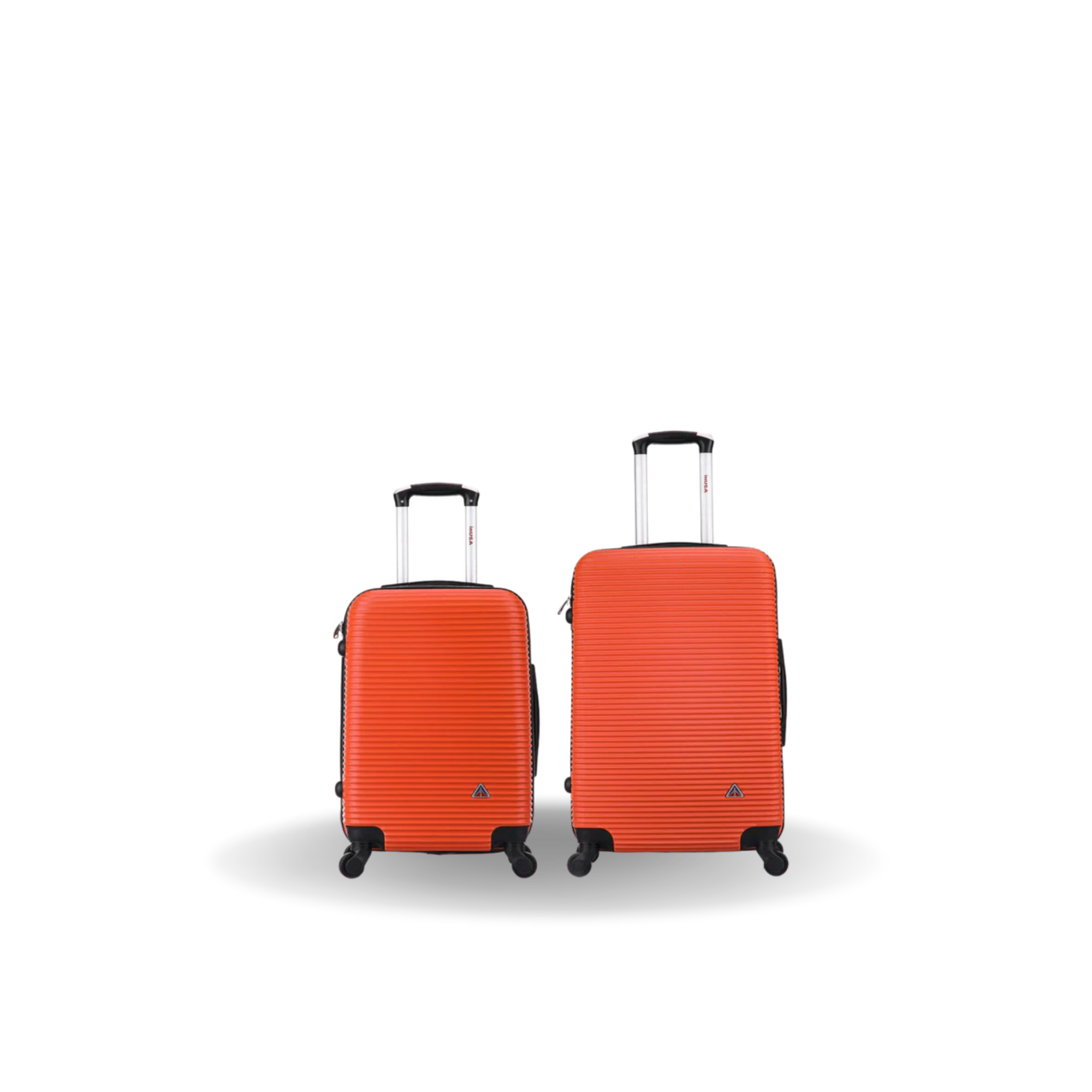 Two orange suitcases with black wheels on a white background