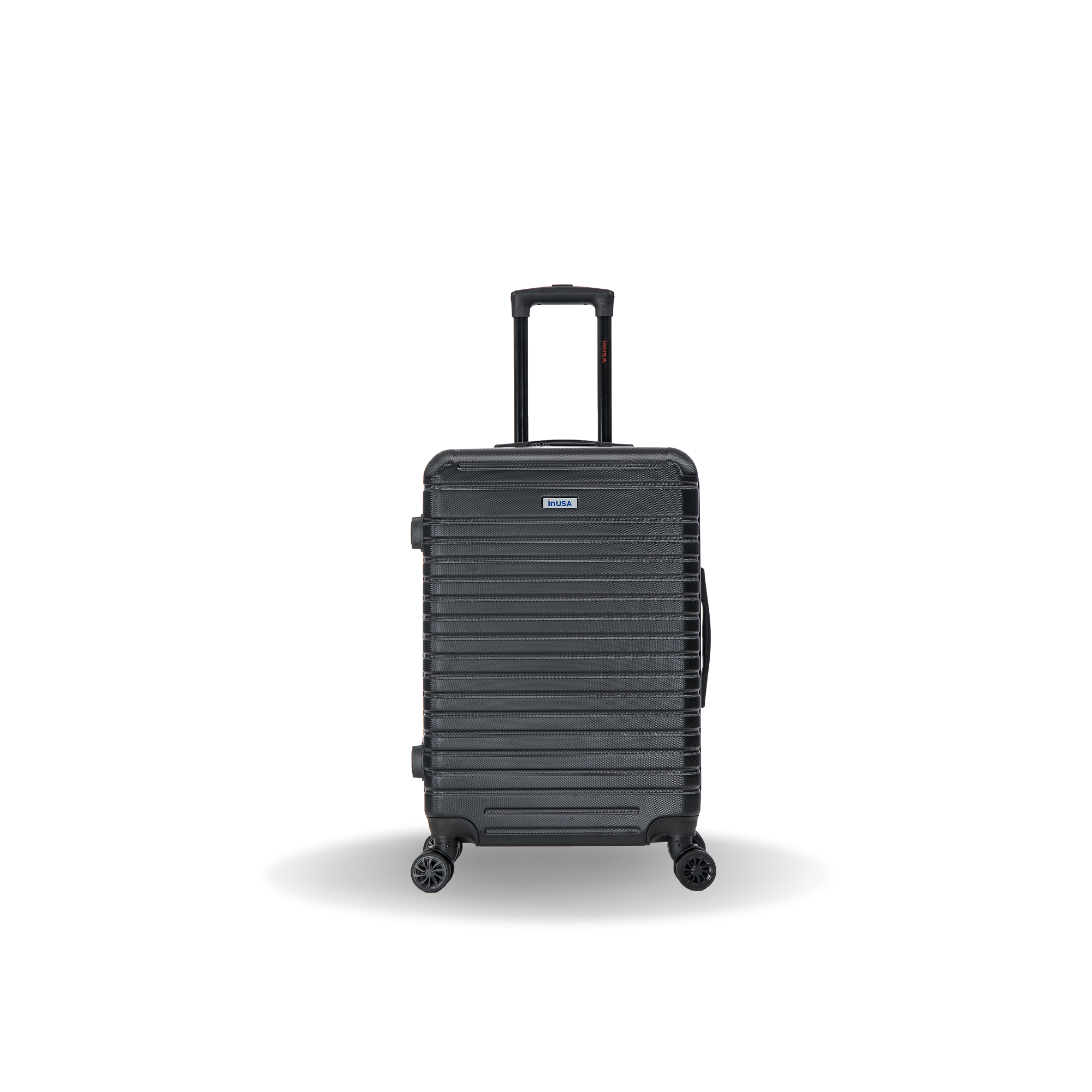 Black suitcase with a visible brand logo on a white background