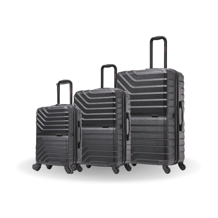 Set of three gray suitcases of different sizes on a white background