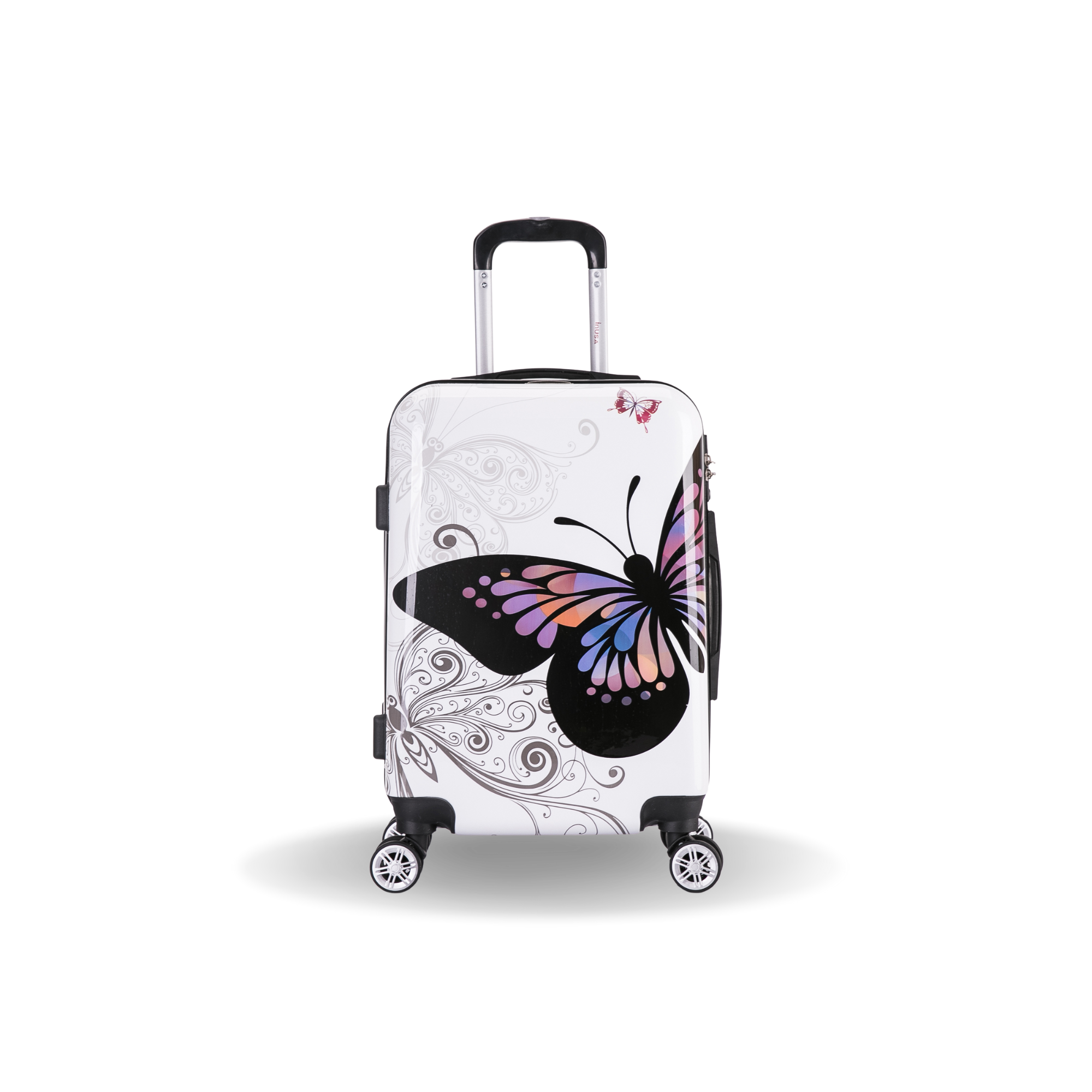 Luggage with a butterfly design on a white background