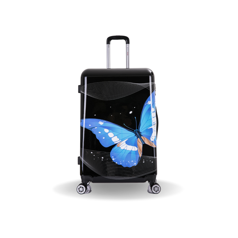 Black suitcase with a blue butterfly design on a white background