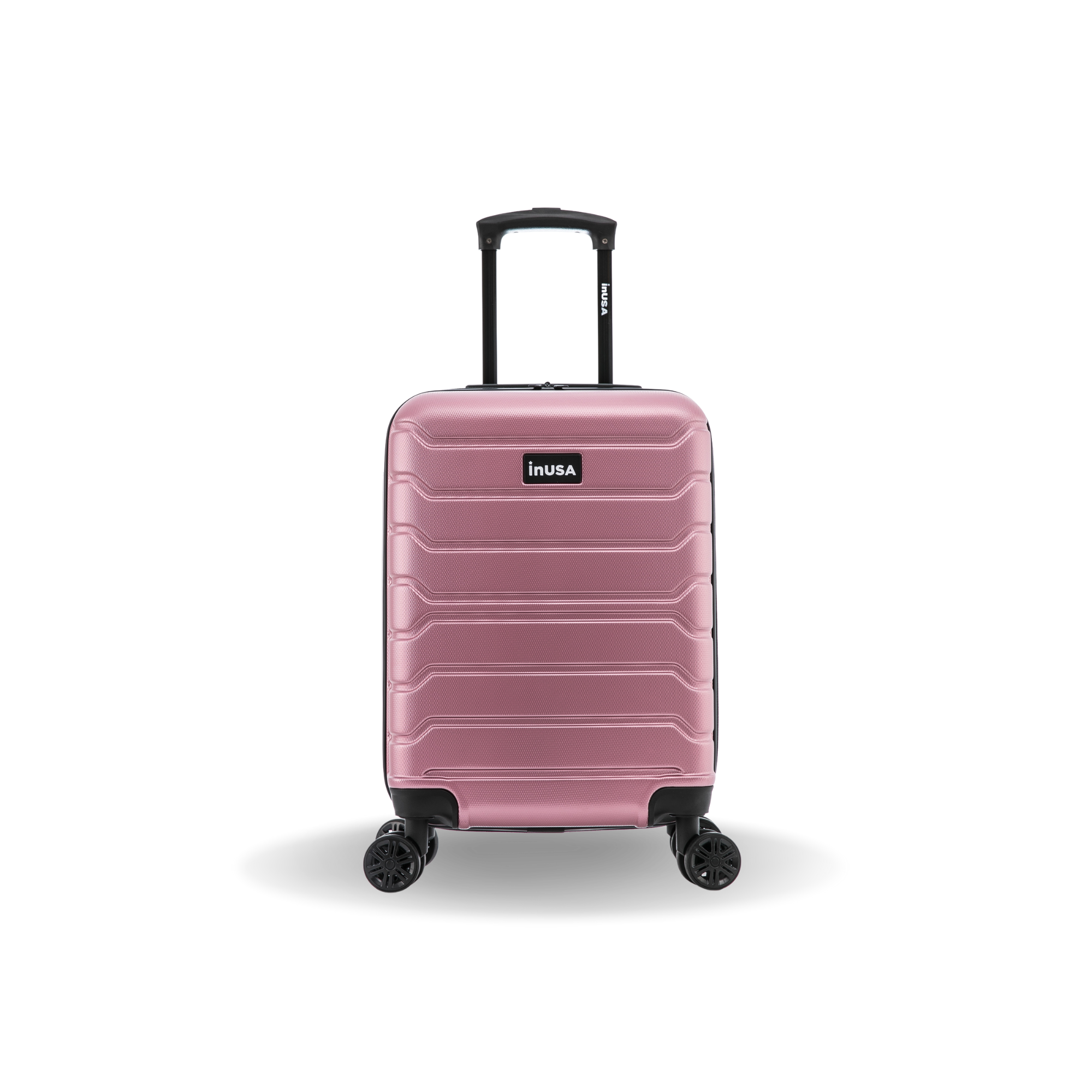 Pink suitcase with 'inUSA' branding on a white background