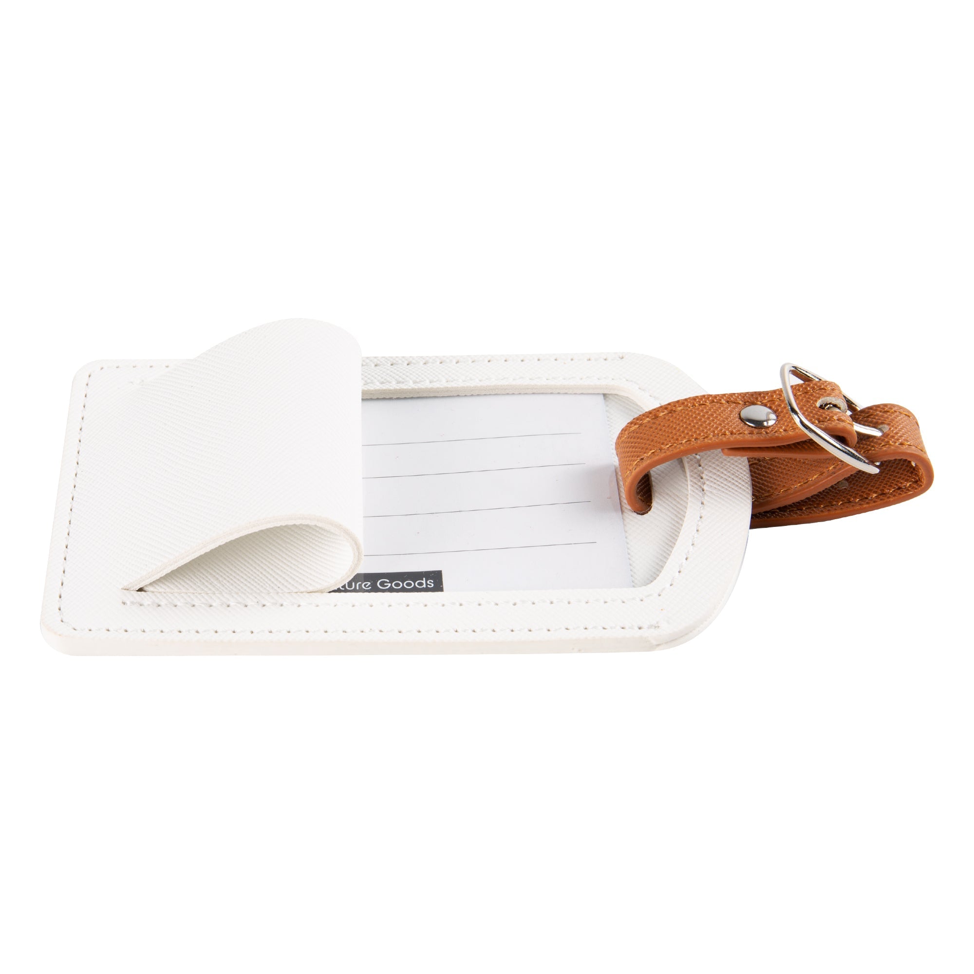 White luggage tag with a brown strap on a white background