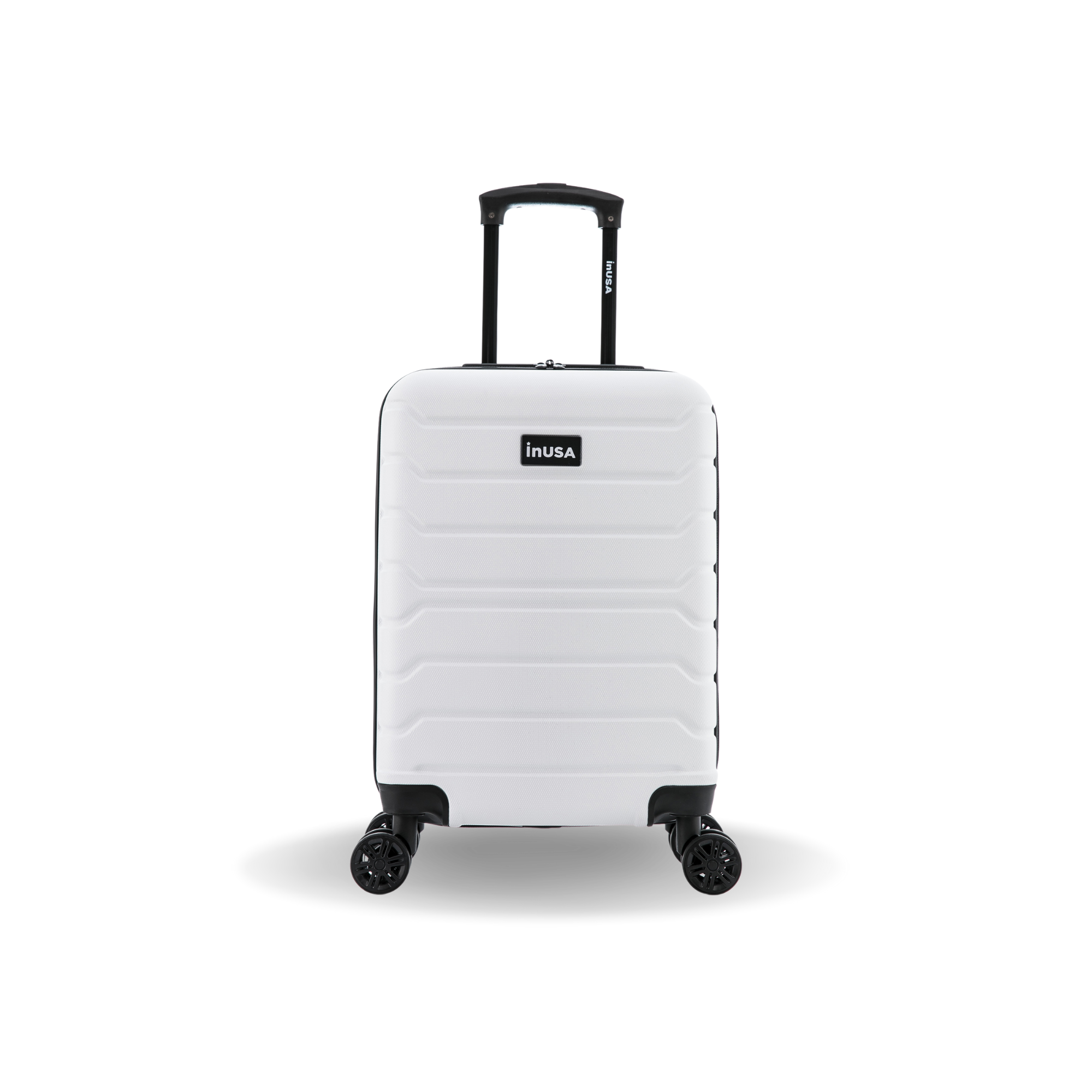 White suitcase with black wheels and handle on a white background