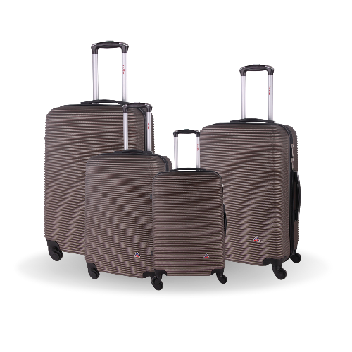 Set of four brown suitcases with wheels on a white background