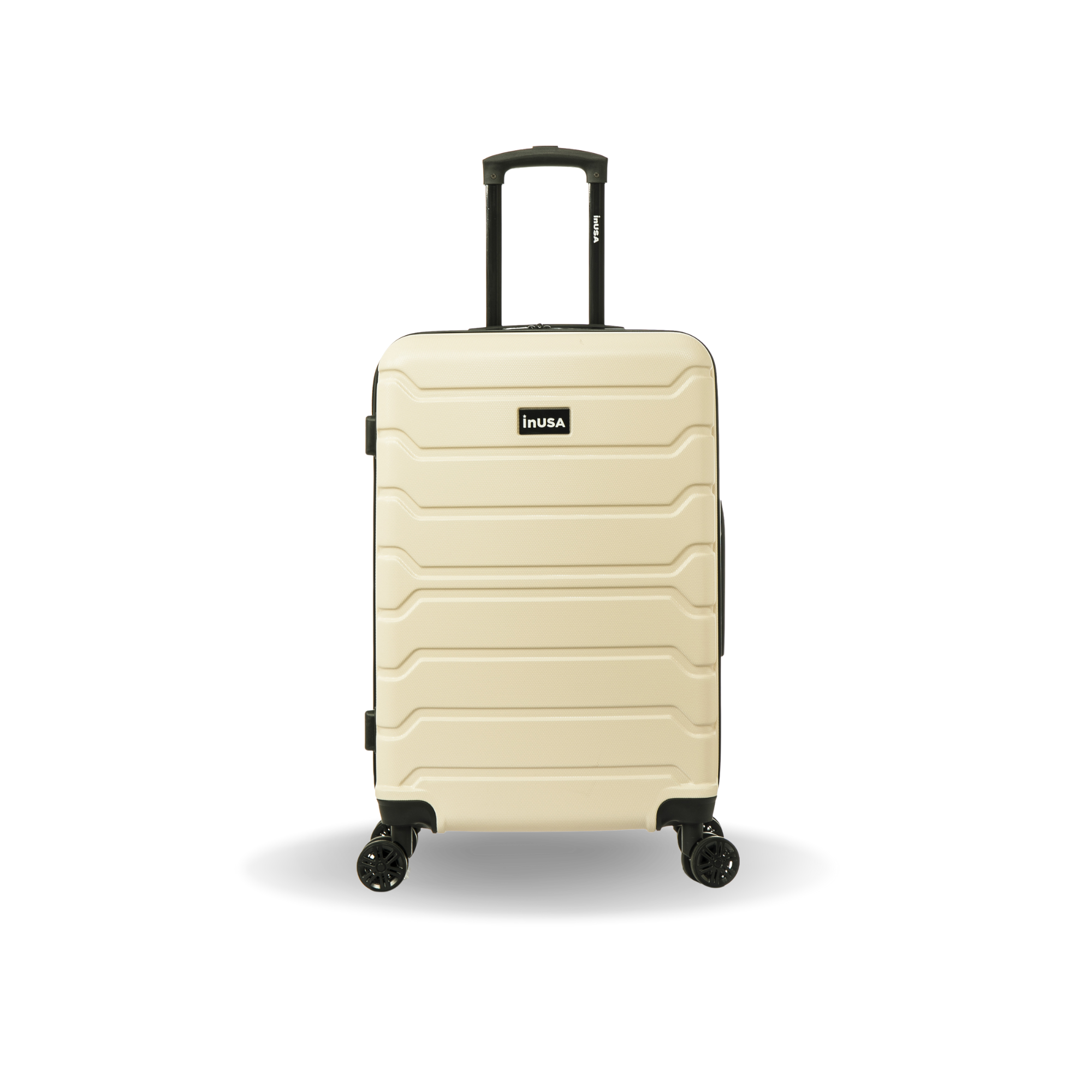 Beige suitcase with 'inUSA' logo on a white background