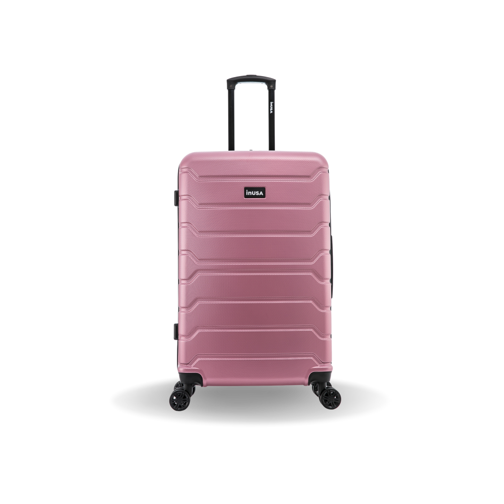 Pink suitcase with 'InUSA' branding on a white background