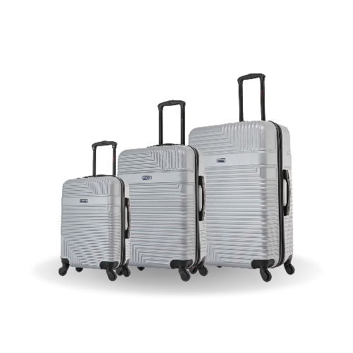 Set of three gray suitcases with black wheels on a white background