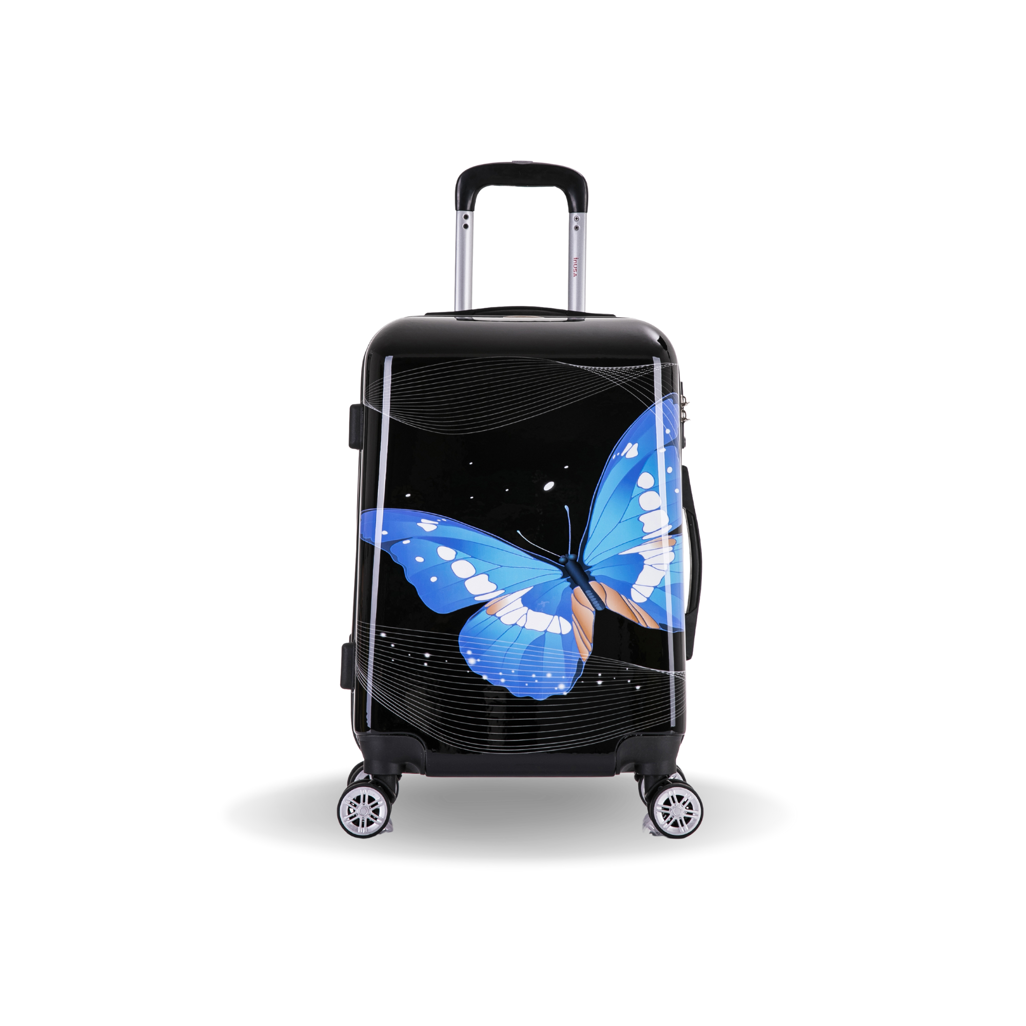 Black suitcase with a blue butterfly design on a white background