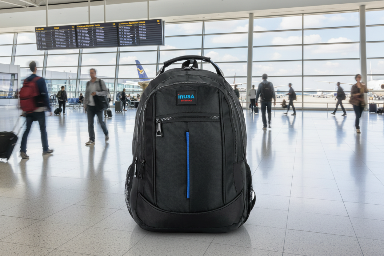 Black backpack with a blue zipper on a white background
