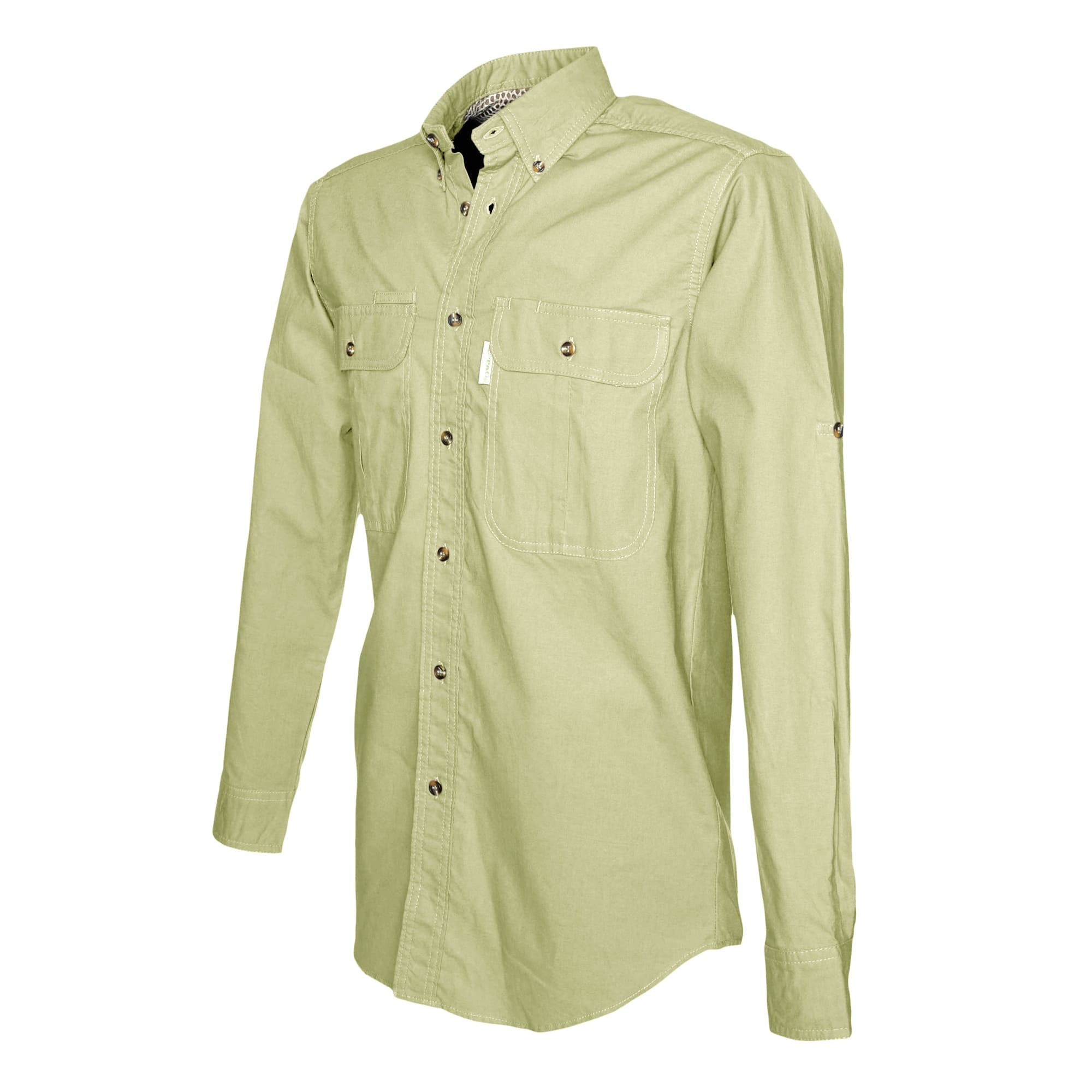 Light green shirt with button details on a white background