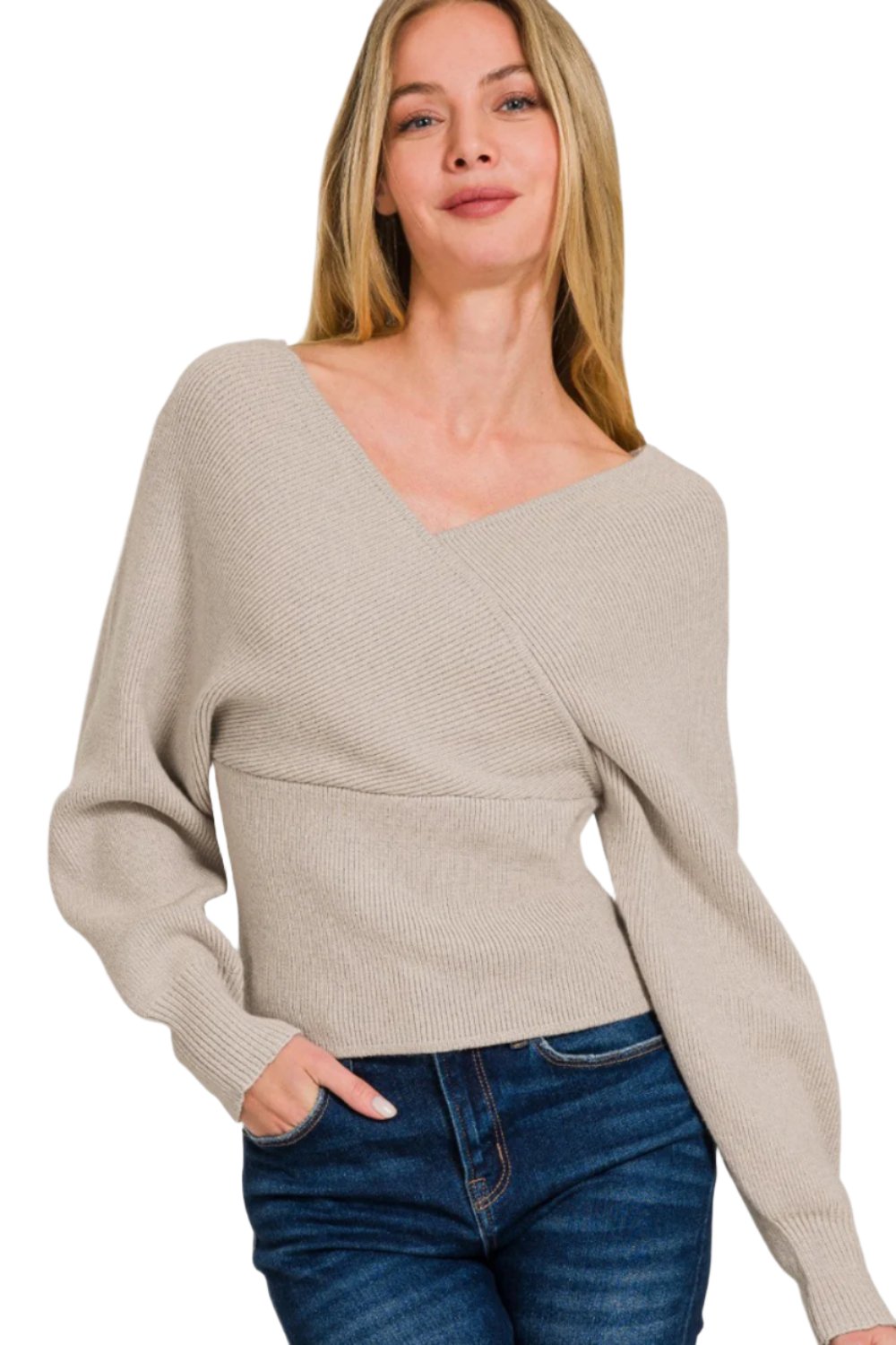 Zenana Cross Wrap Rib Long Sleeve Sweater