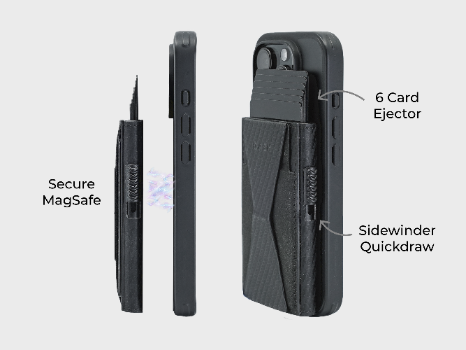Black phone case with features labeled on a light gray background