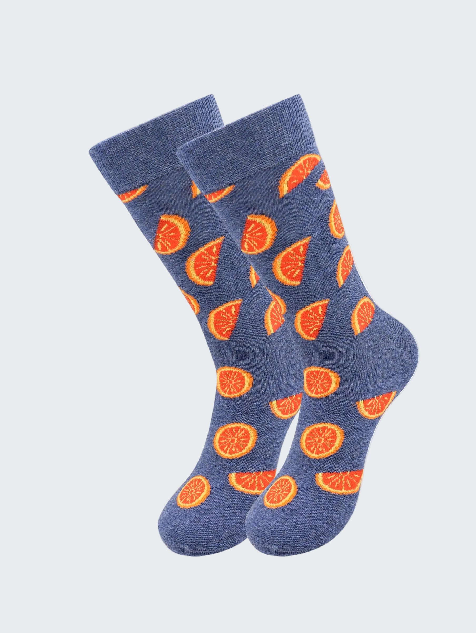 Blue socks with orange fruit pattern on a white background