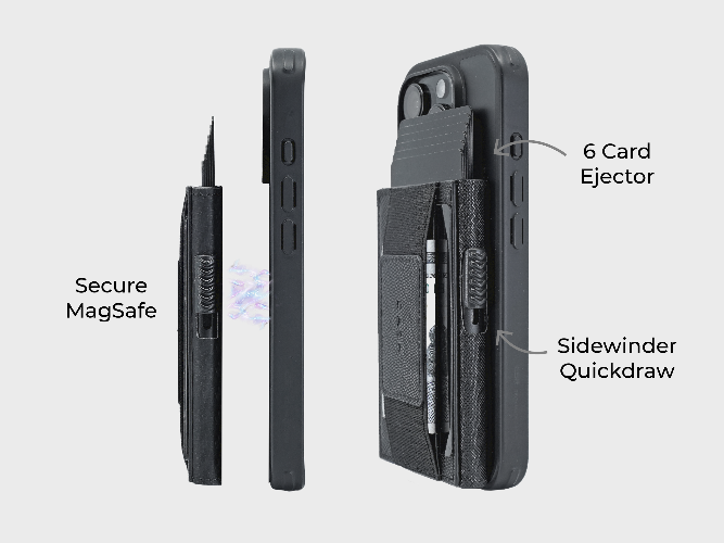 Black phone case with features labeled on a white background