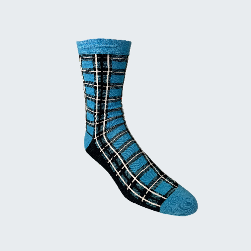 Blue and black plaid sock on a white background