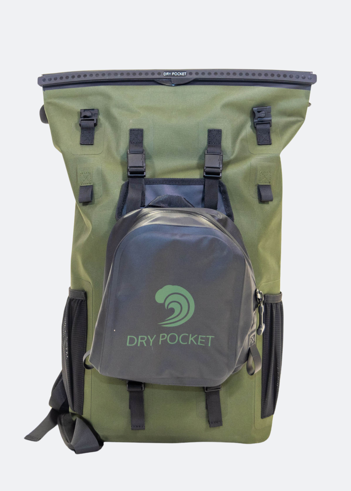 Green and gray backpack with 'Dry Pocket' branding on a white background