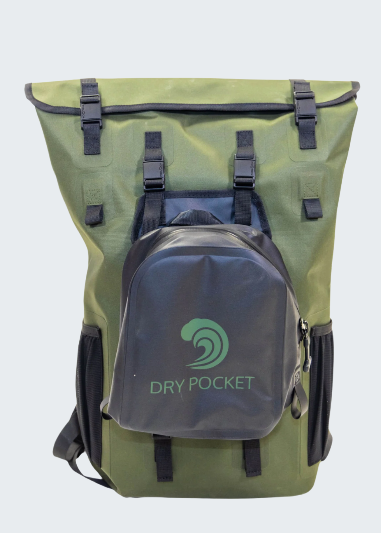 Green waterproof backpack with a smaller black backpack attached, featuring 'Dry Pocket' branding.