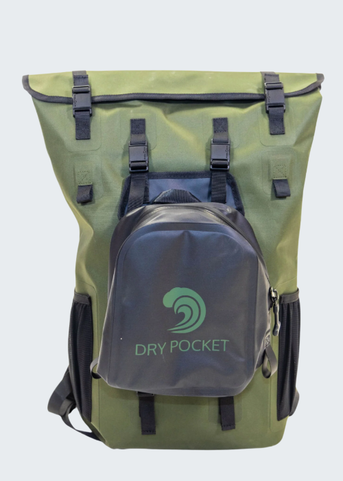 Green waterproof backpack with a smaller black backpack attached, featuring 'Dry Pocket' branding.