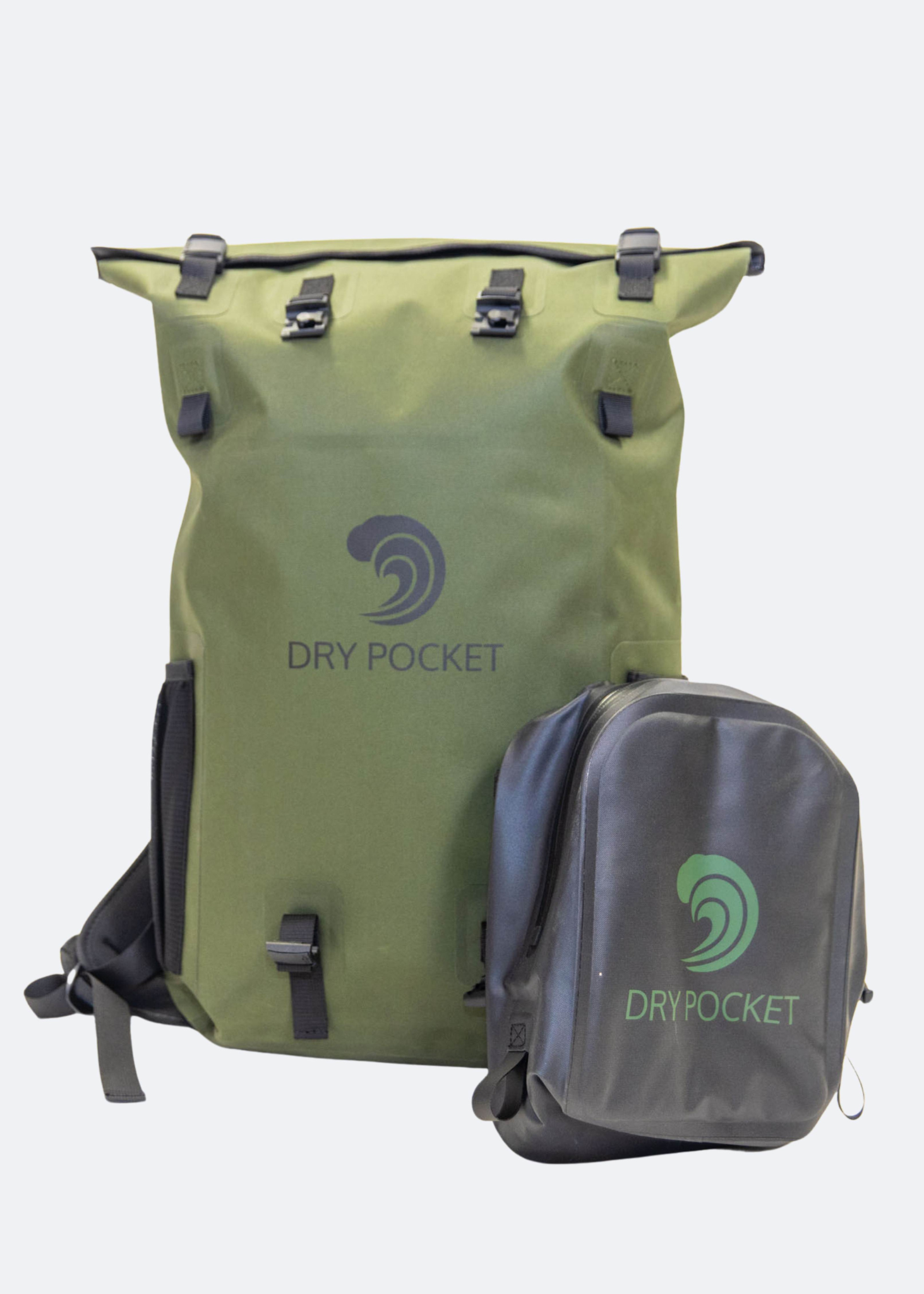 Green backpack and gray pouch with 'Dry Pocket' logo on a white background