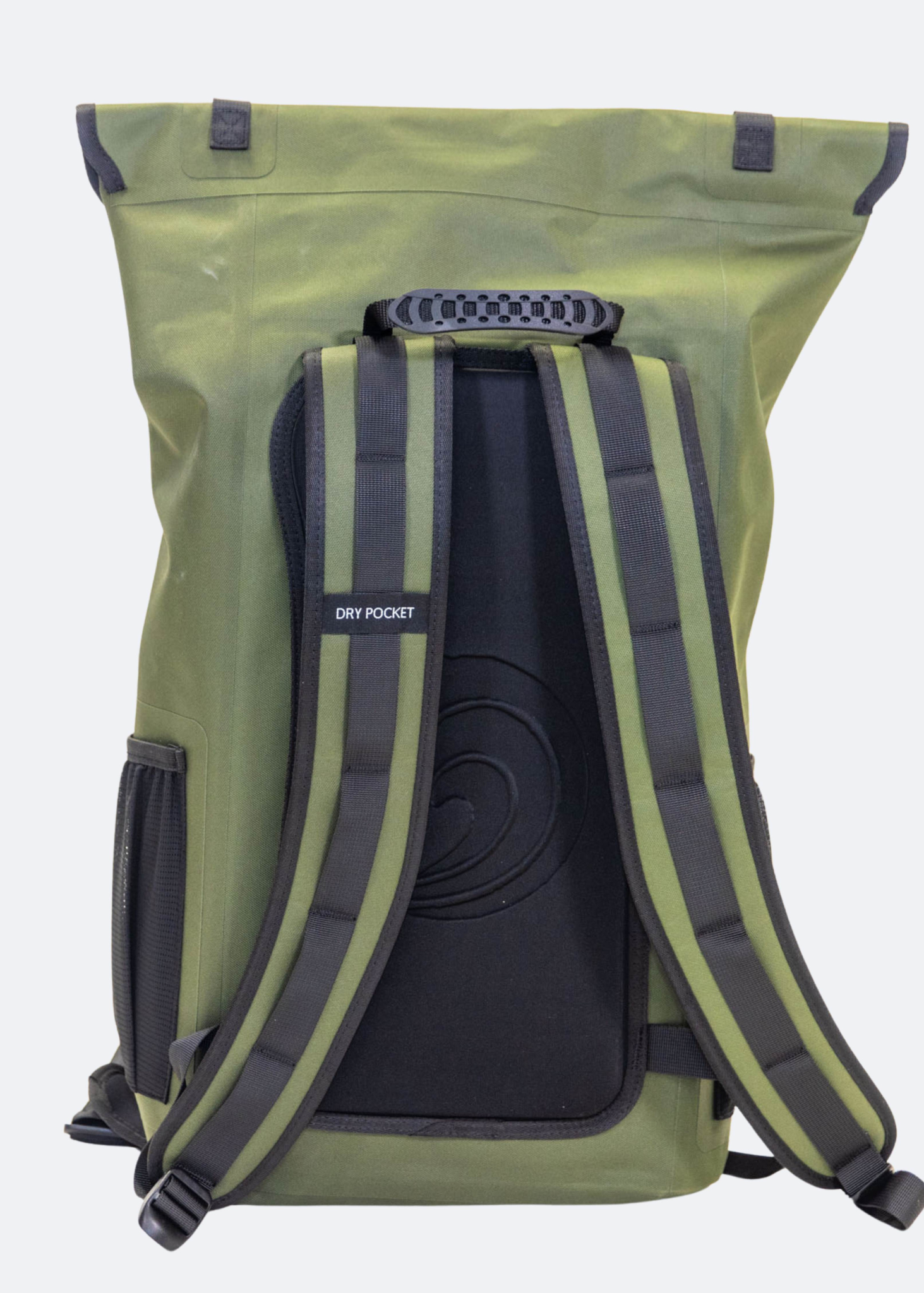 Green backpack with a dry pocket on a white background